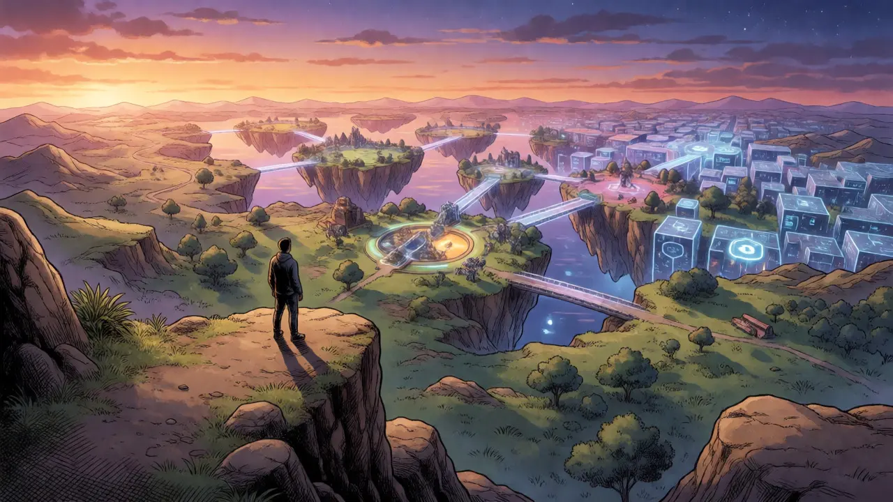 Vue panoramique d'un métavers connecté par des blocs de données.