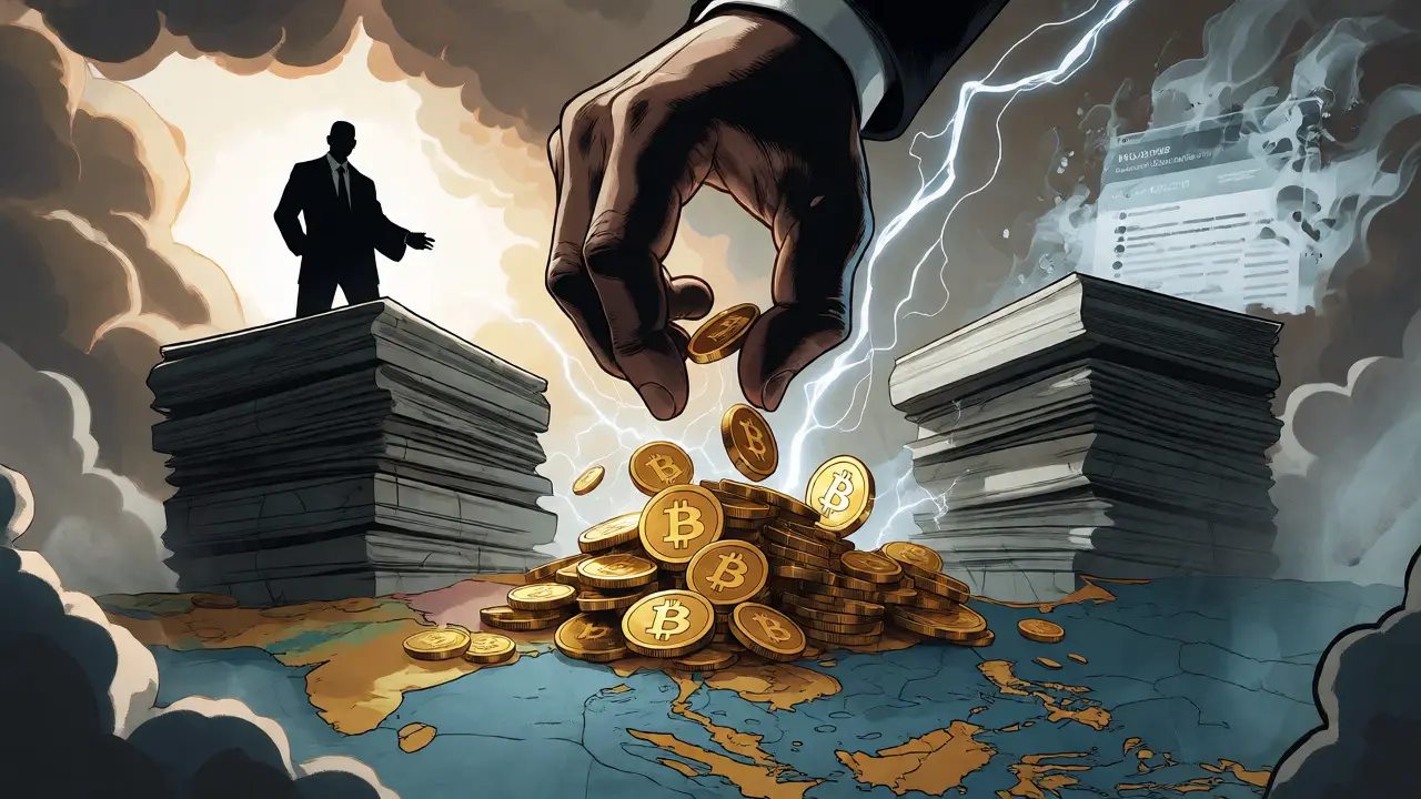 Main géante saisissant des bitcoins au-dessus d'une carte de l'Asie du Sud-Est.