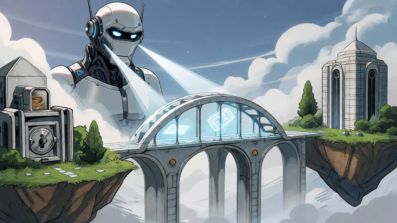 Pont lumineux reliant des îles blockchain sous la surveillance d'un robot IA.